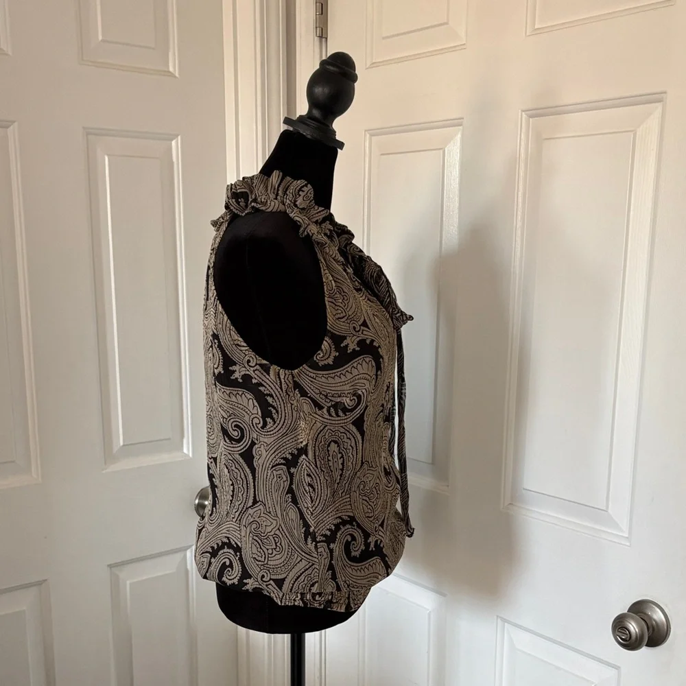 Elena Solano Paisley Silk Chiffon Sleeveless Blouse With Smocked Waist